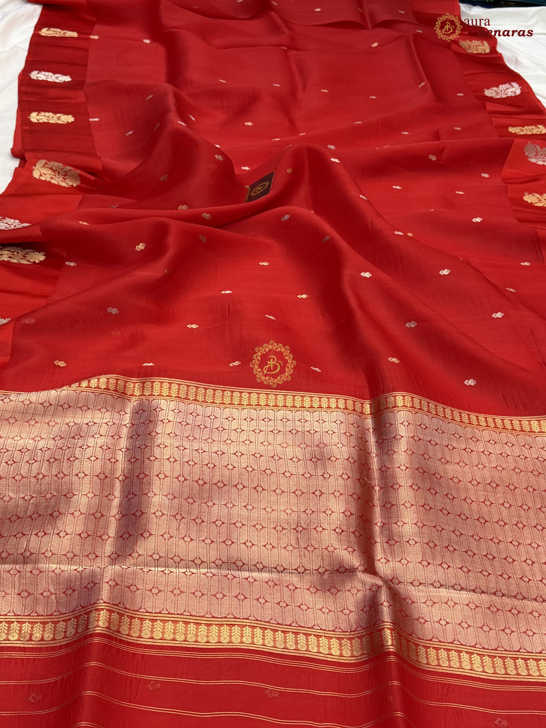 Red Kora Silk Banarasi Saree with Kadhwa Golden Zari Motif
