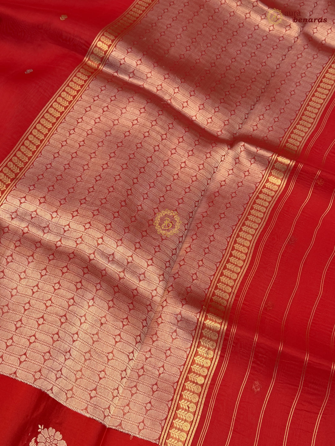 Red Kora Silk Banarasi Saree with Kadhwa Golden Zari Motif