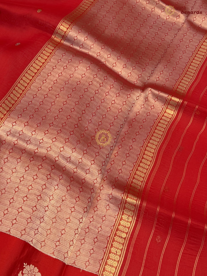 Red Kora Silk Banarasi Saree with Kadhwa Golden Zari Motif