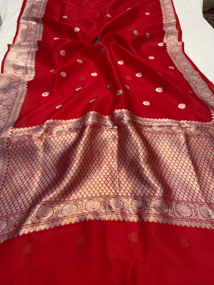 Red Banarasi Handloom Kora Silk Saree