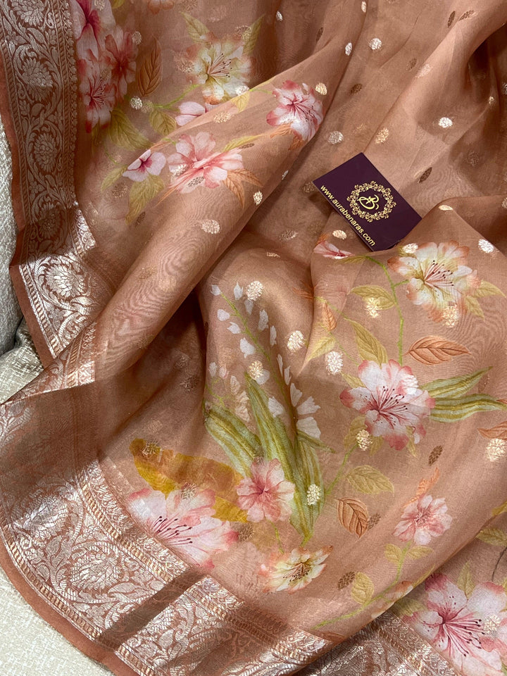 Beige Banarasi Handloom Kora Silk Saree - Aura Benaras