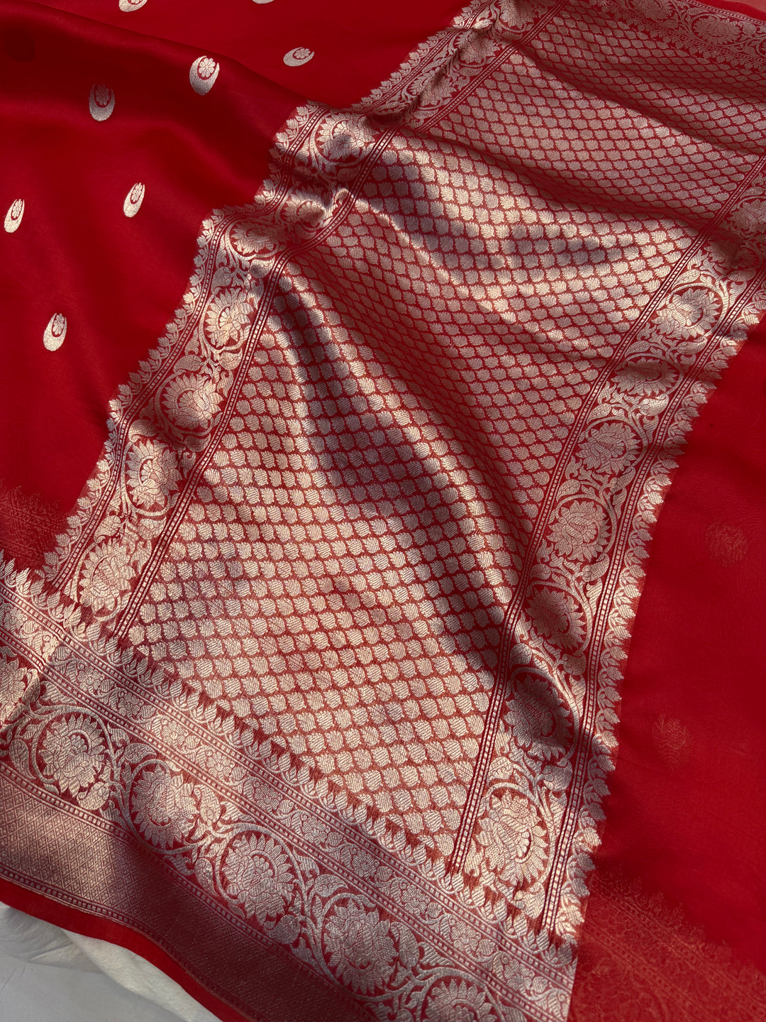 Red Banarasi Handloom Kora Silk Saree