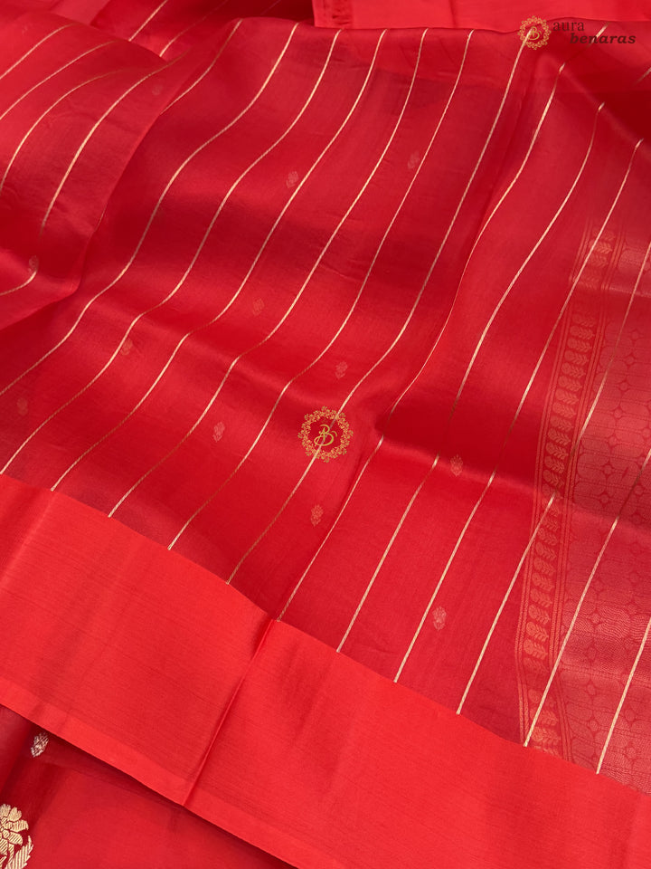 Red Kora Silk Banarasi Saree with Kadhwa Golden Zari Motif