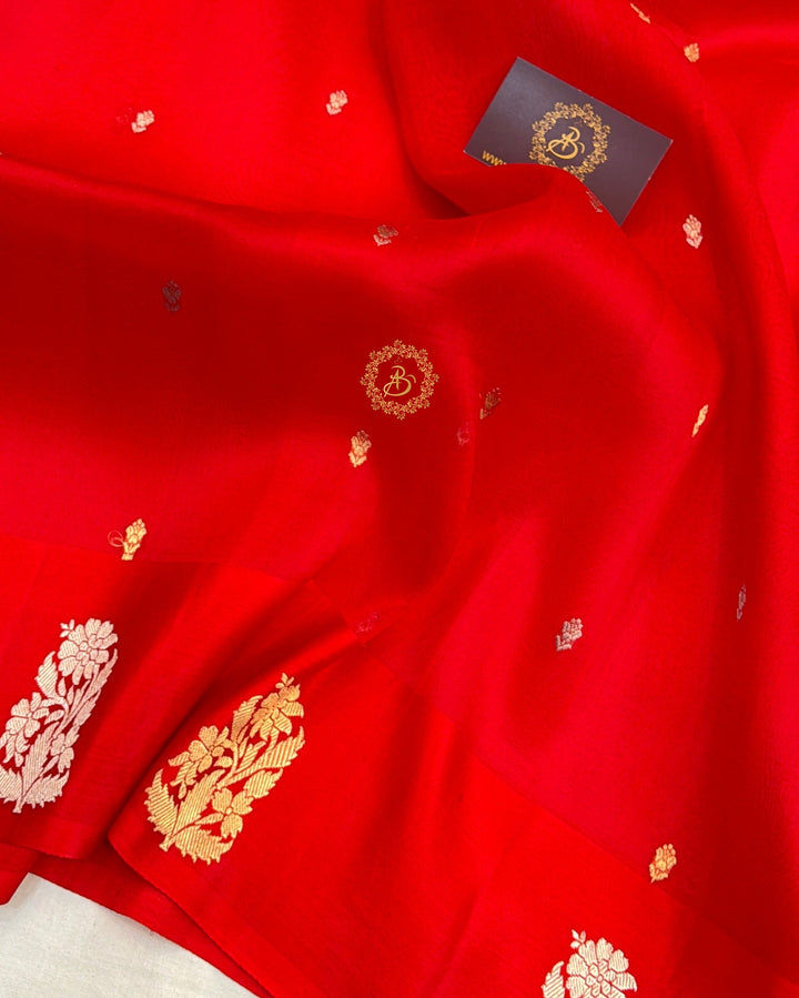 Red Kora Silk Banarasi Saree with Kadhwa Golden Zari Motif
