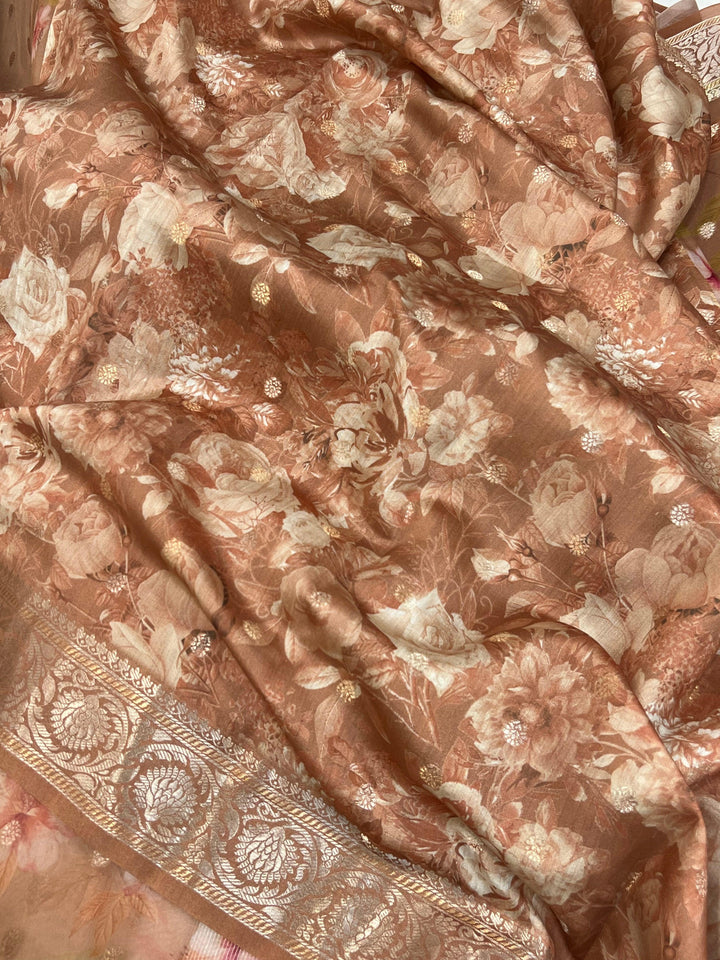 Beige Banarasi Handloom Kora Silk Saree - Aura Benaras