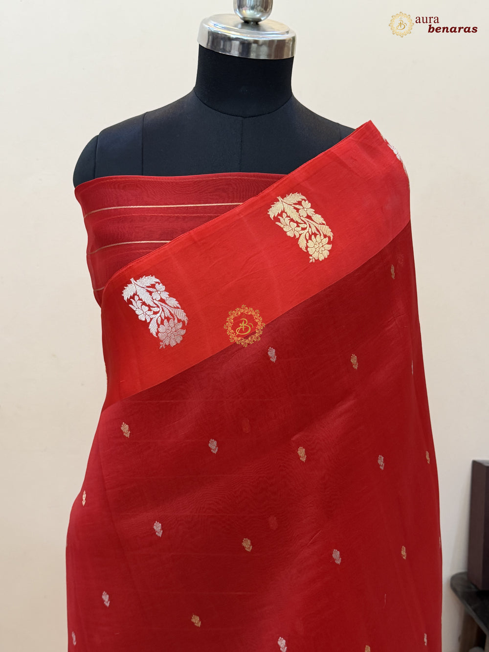 Red Kora Silk Banarasi Saree with Kadhwa Golden Zari Motif