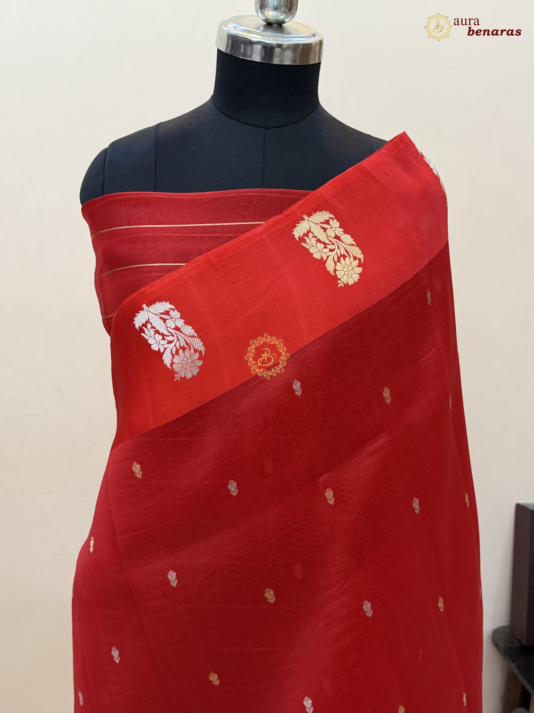 Red Kora Silk Banarasi Saree with Kadhwa Golden Zari Motif