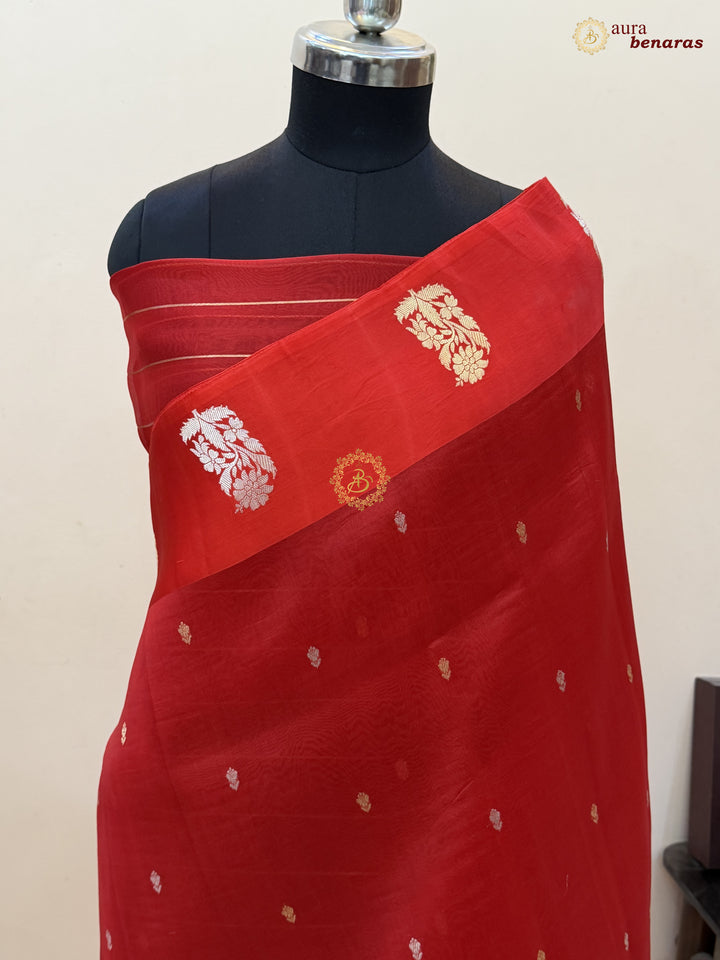 Red Kora Silk Banarasi Saree with Kadhwa Golden Zari Motif