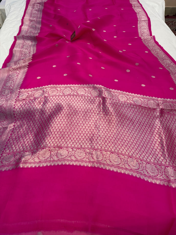 Rani Pink Banarasi Handloom Kora Silk Saree