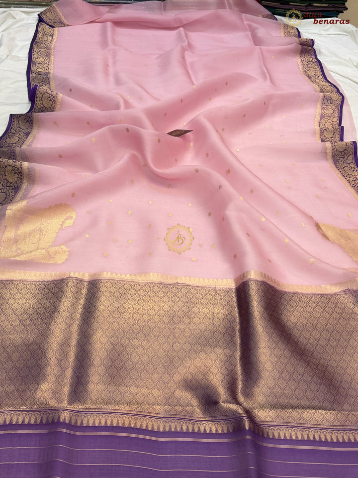 Baby Pink Pure Kora Silk Banarasi Saree with Konia