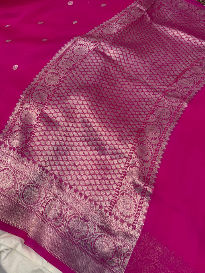 Rani Pink Banarasi Handloom Kora Silk Saree