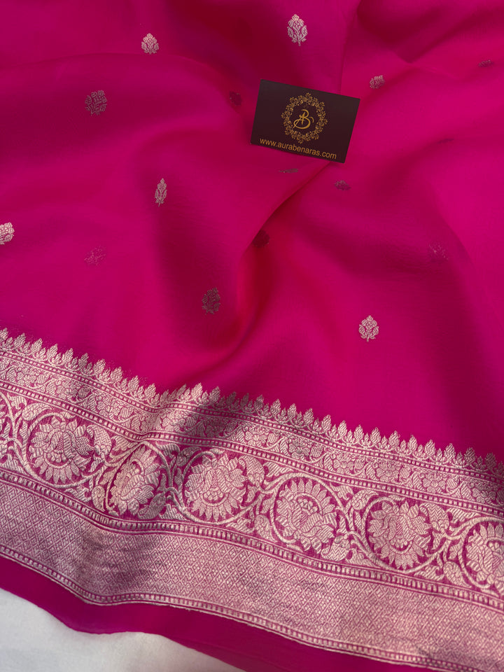 Rani Pink Banarasi Handloom Kora Silk Saree