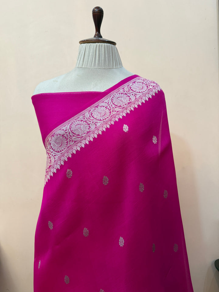 Rani Pink Banarasi Handloom Kora Silk Saree