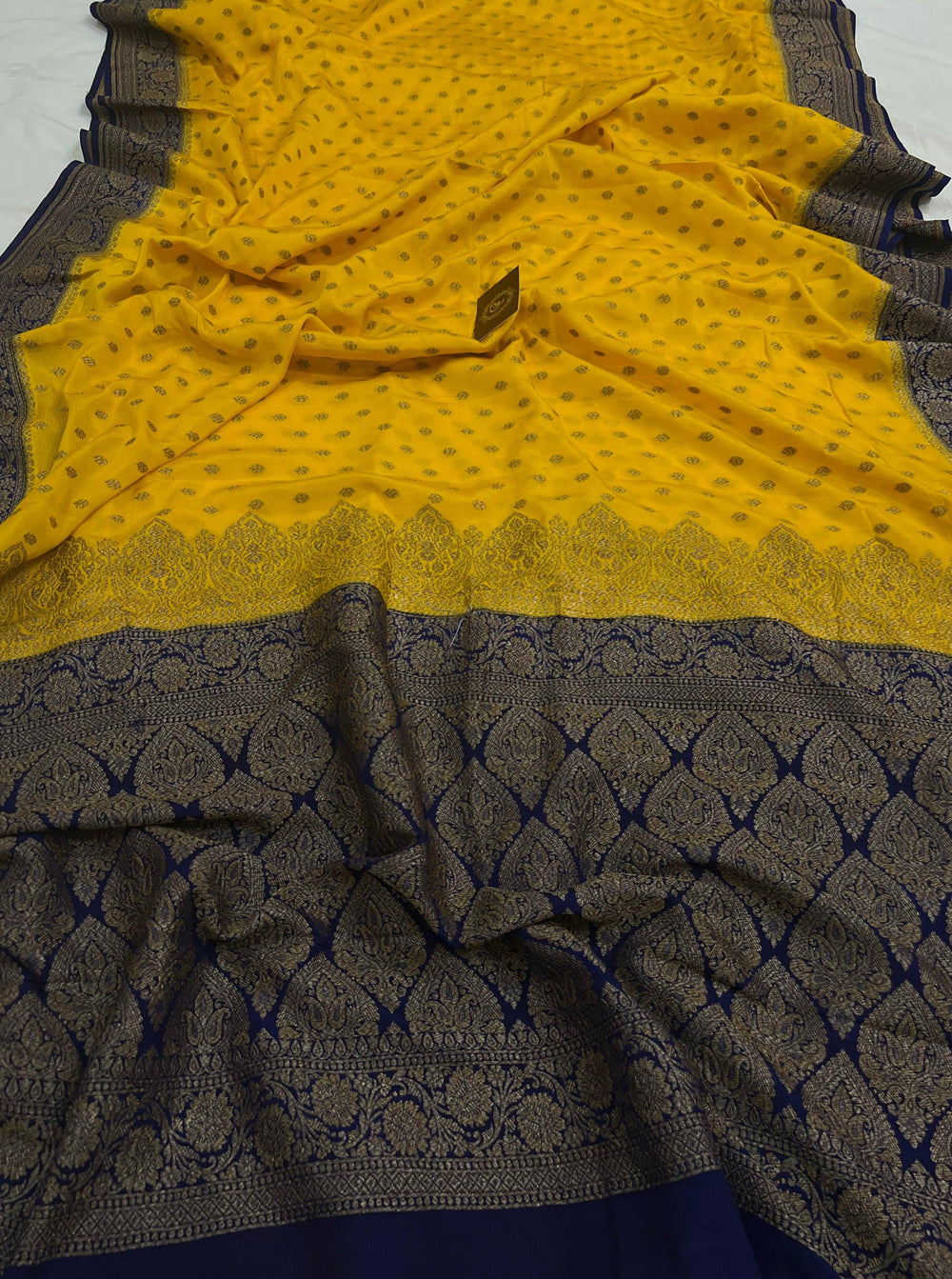 Yellow Pure Banarasi Khaddi Crepe Silk Saree - Aura Benaras