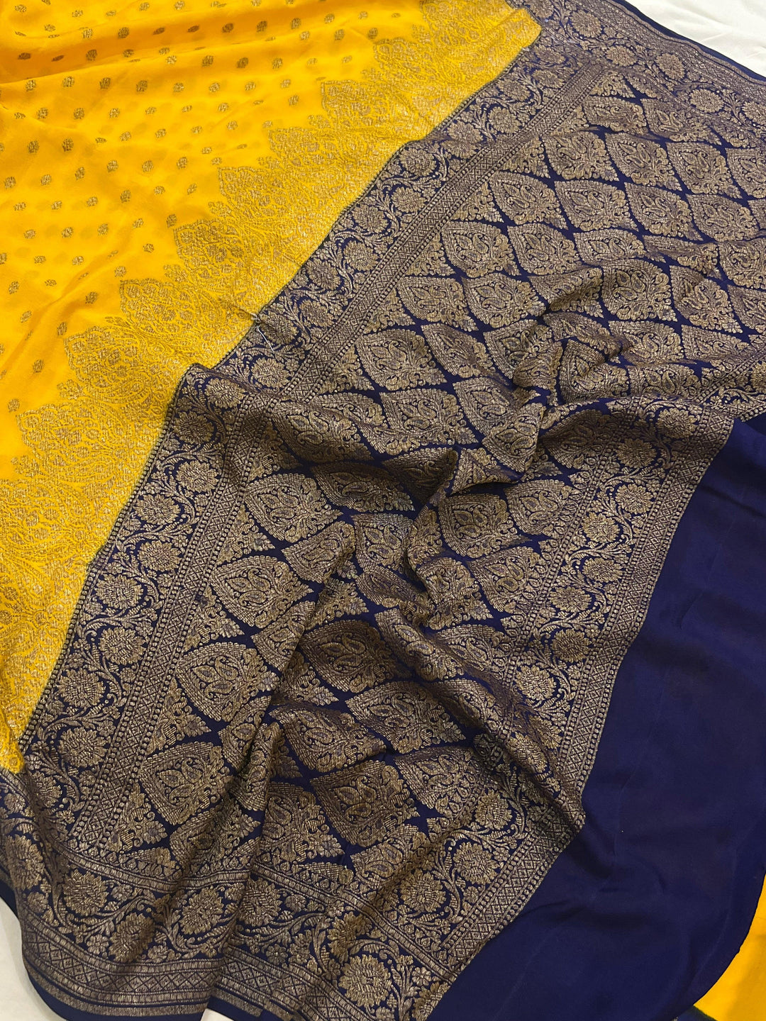 Yellow Pure Banarasi Khaddi Crepe Silk Saree - Aura Benaras