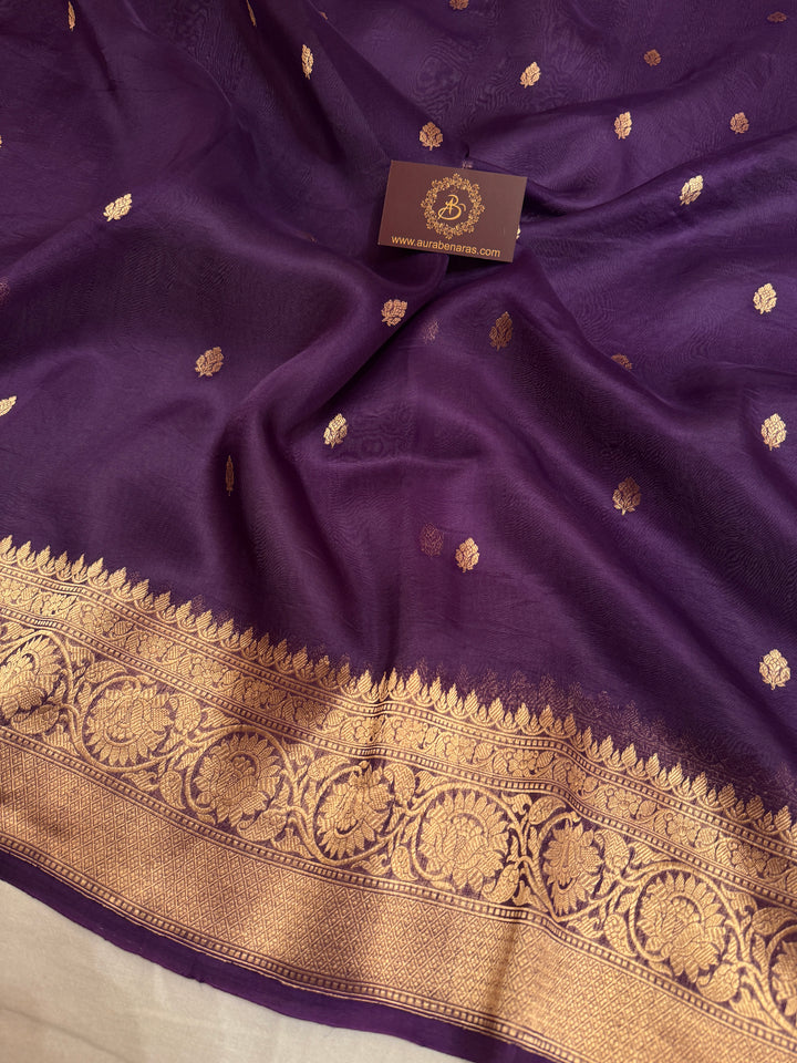 Purple Banarasi Handloom Kora Silk Saree