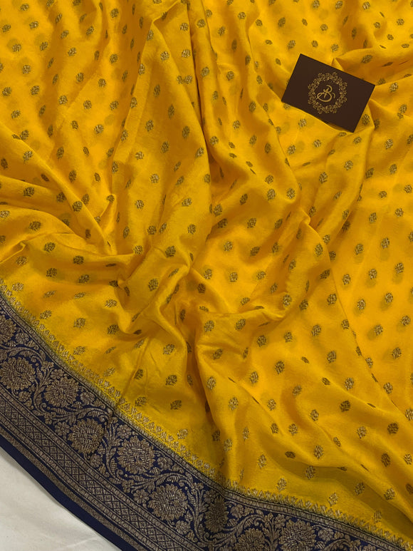 Yellow Pure Banarasi Khaddi Crepe Silk Saree - Aura Benaras