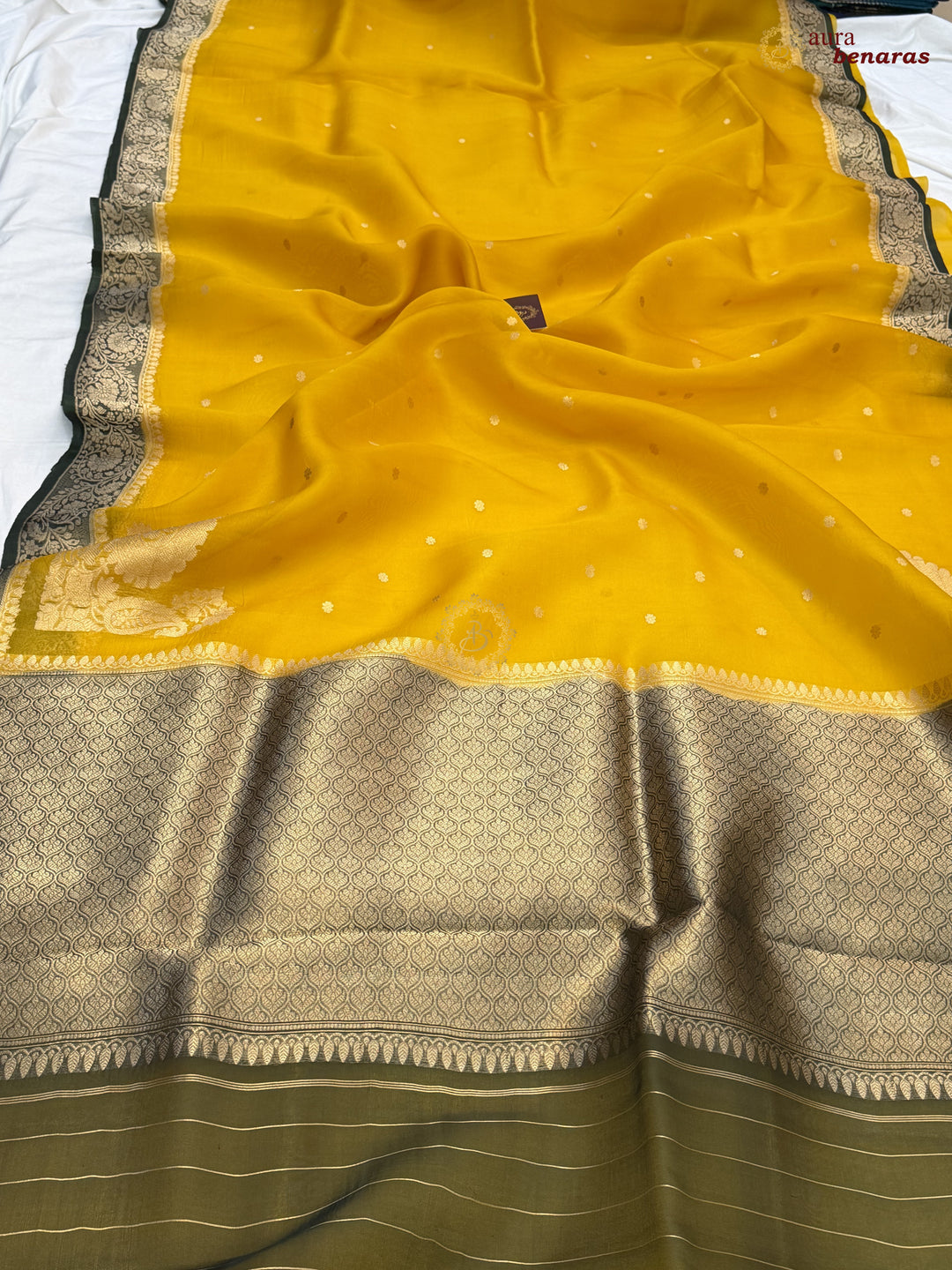 Mustard Yellow Pure Kora Silk Banarasi Saree with Konia