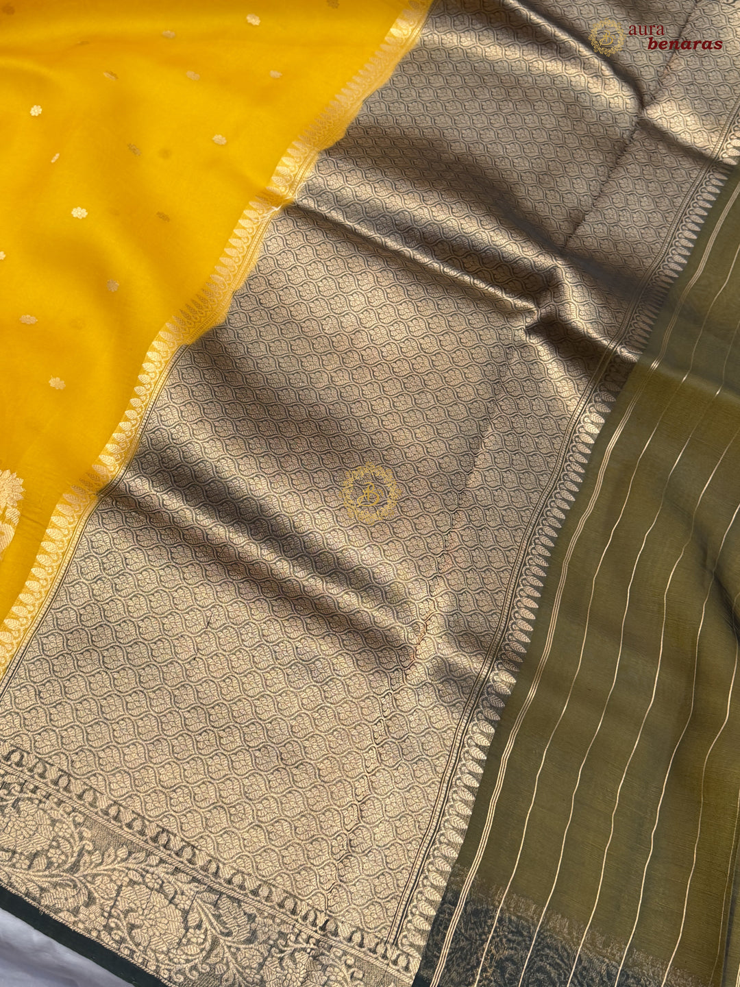 Mustard Yellow Pure Kora Silk Banarasi Saree with Konia