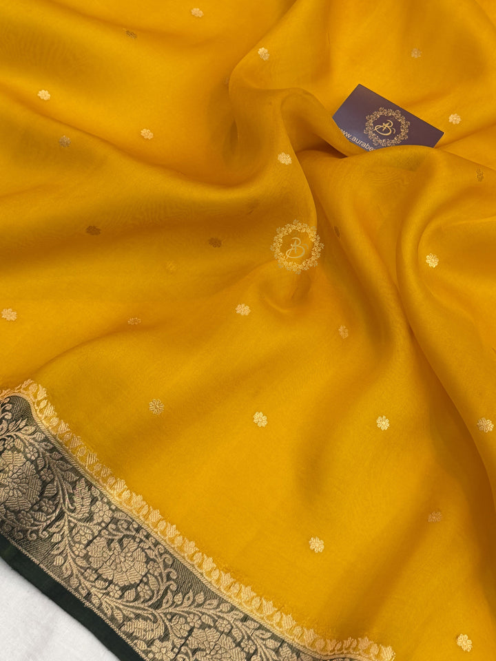 Mustard Yellow Pure Kora Silk Banarasi Saree with Konia