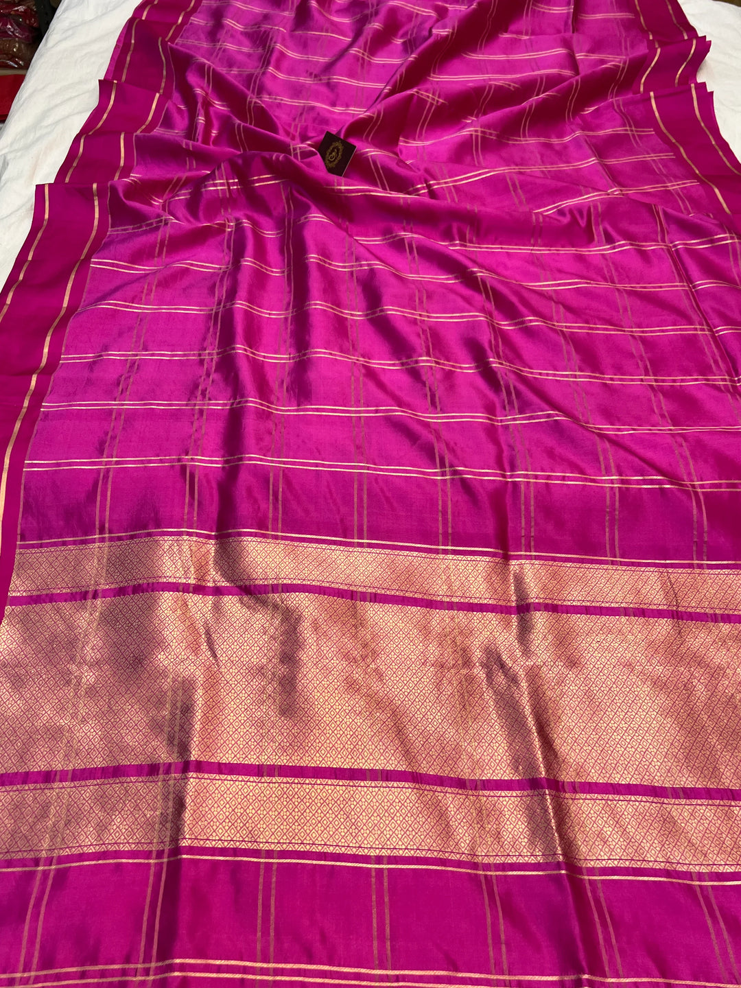 Rani Pink Banarasi Silk Saree | Zari Checks & Mashru Border
