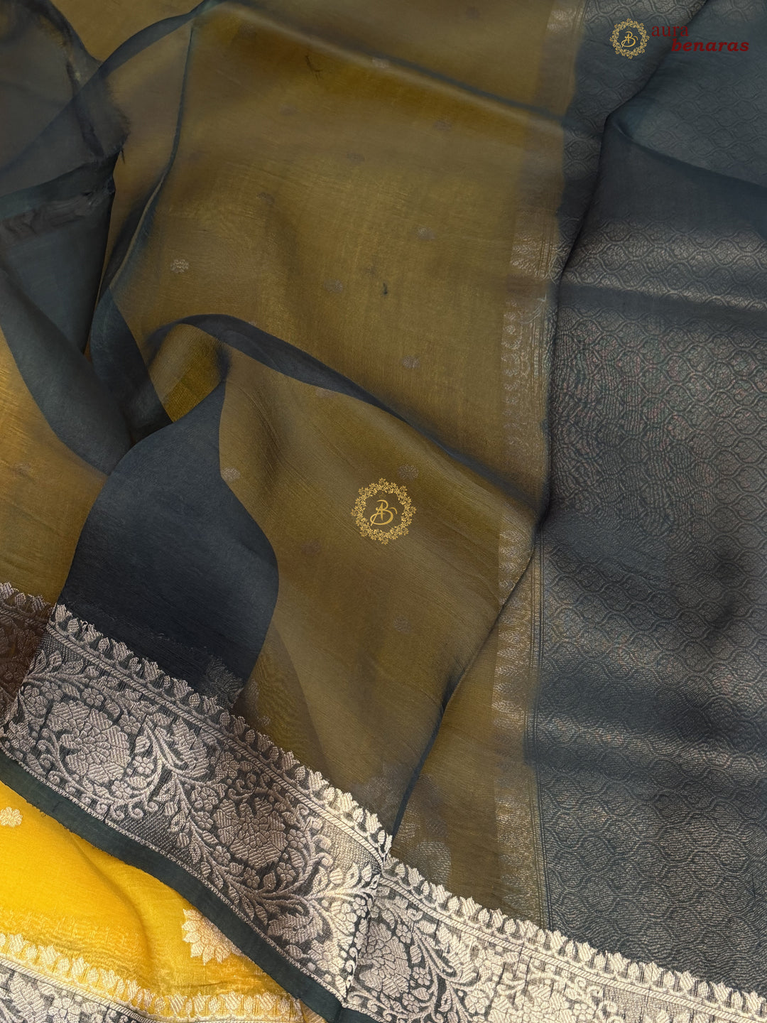 Mustard Yellow Pure Kora Silk Banarasi Saree with Konia