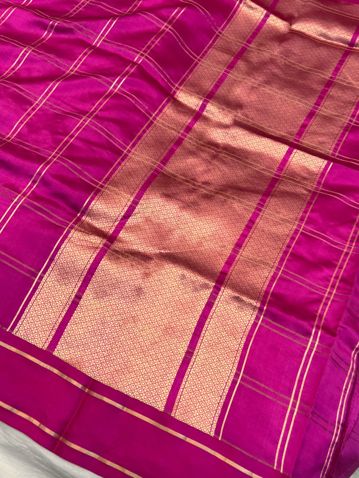Rani Pink Banarasi Silk Saree | Zari Checks & Mashru Border
