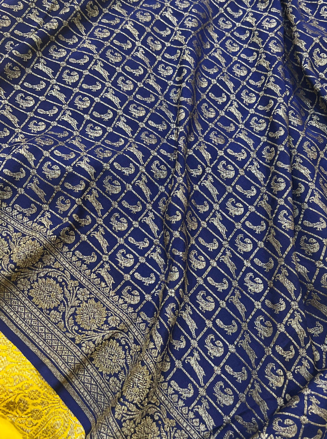 Yellow Pure Banarasi Khaddi Crepe Silk Saree - Aura Benaras