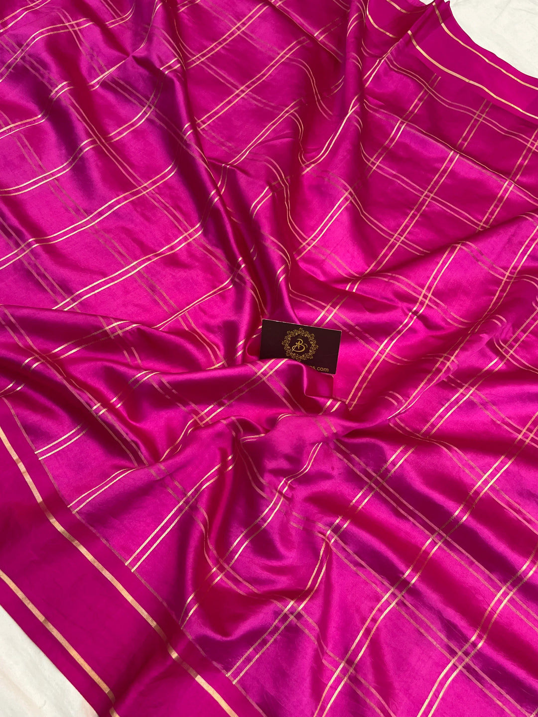Rani Pink Banarasi Silk Saree | Zari Checks & Mashru Border