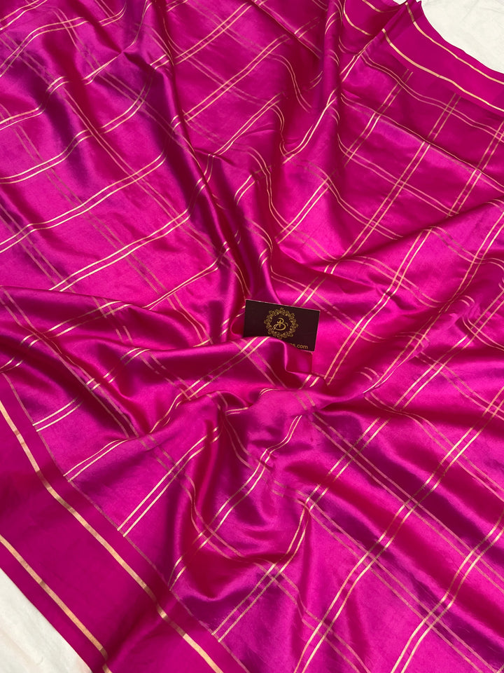 Rani Pink Banarasi Silk Saree | Zari Checks & Mashru Border