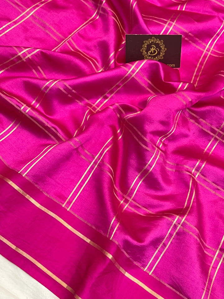 Rani Pink Banarasi Silk Saree | Zari Checks & Mashru Border