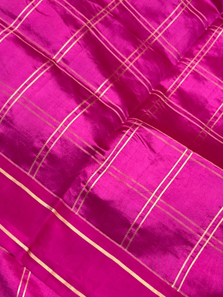 Rani Pink Banarasi Silk Saree | Zari Checks & Mashru Border