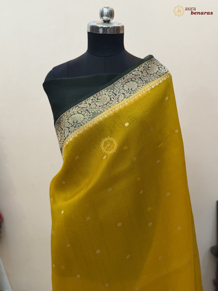Mustard Yellow Pure Kora Silk Banarasi Saree with Konia