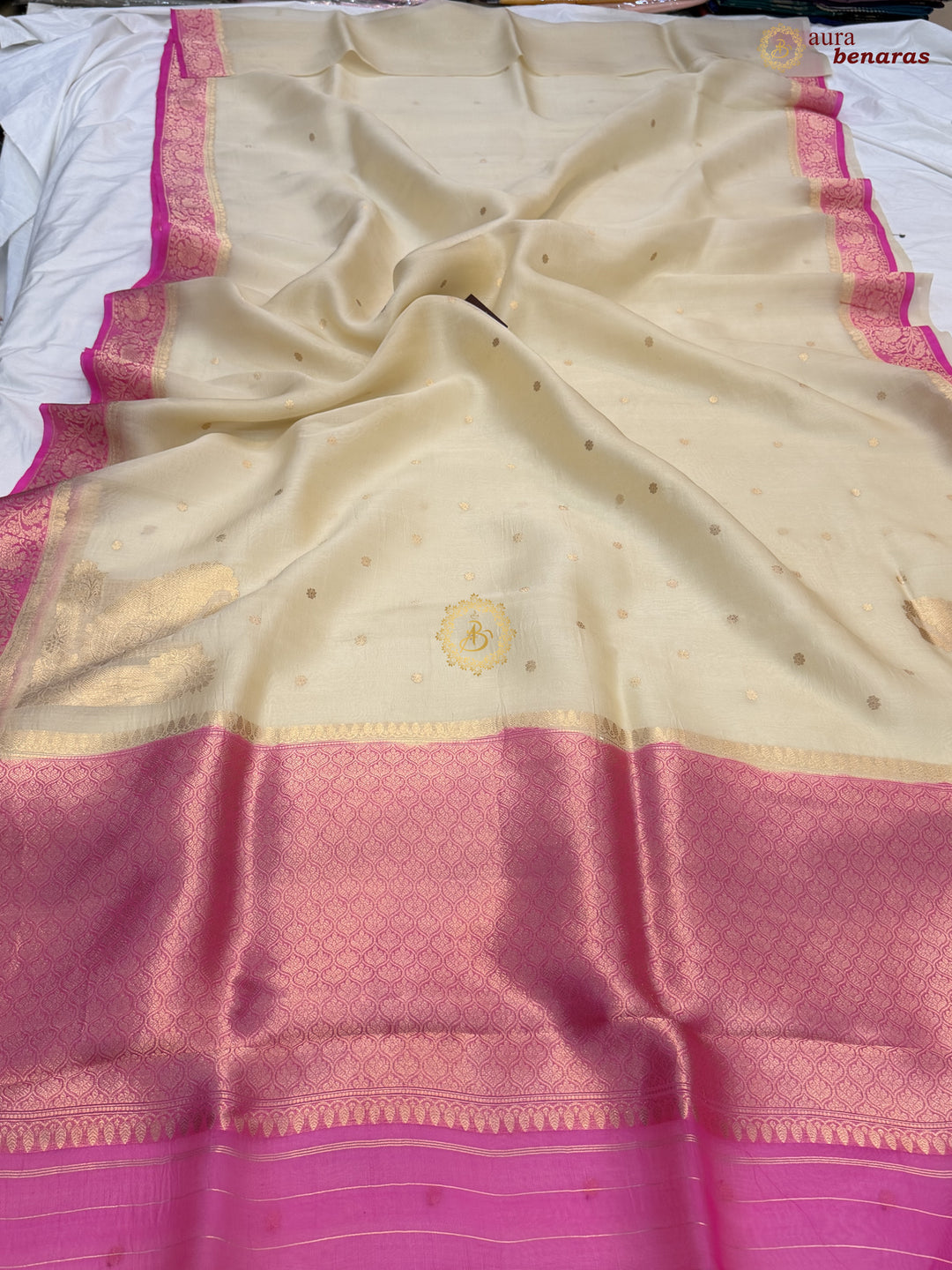 Cream Pure Kora Silk Banarasi Saree with Konia
