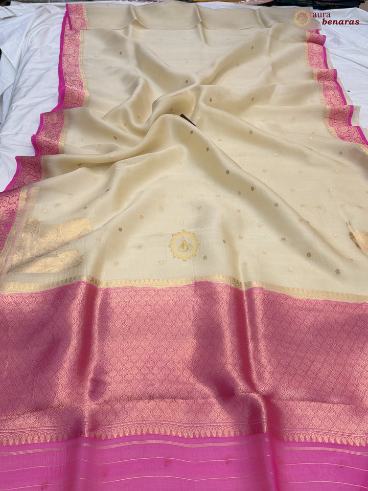Cream Pure Kora Silk Banarasi Saree with Konia