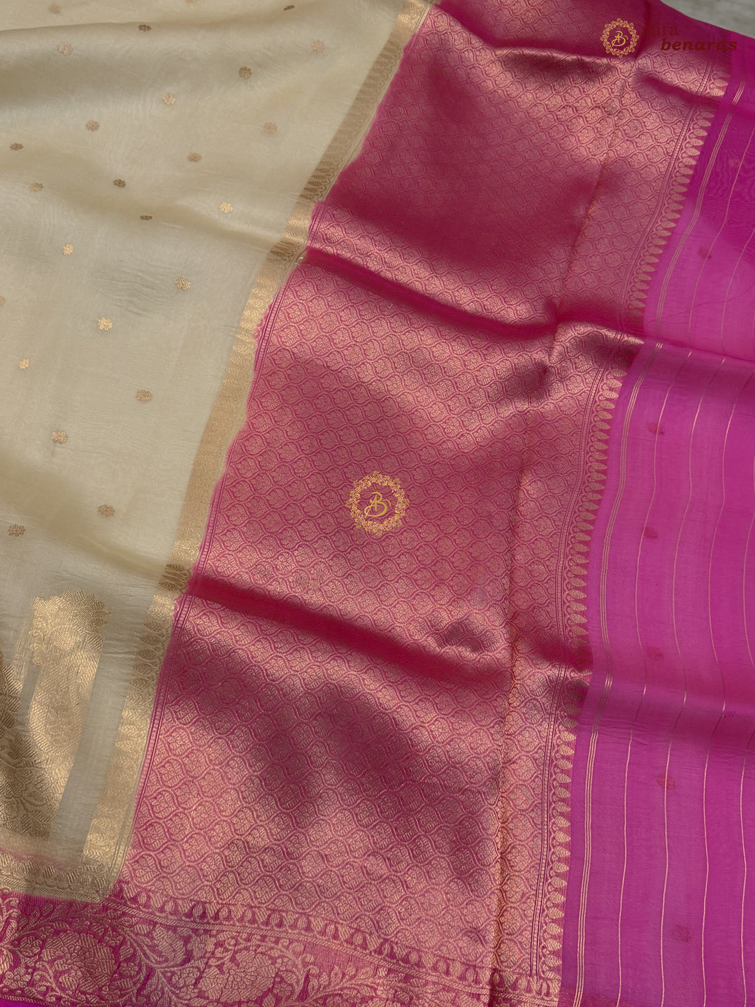 Cream Pure Kora Silk Banarasi Saree with Konia