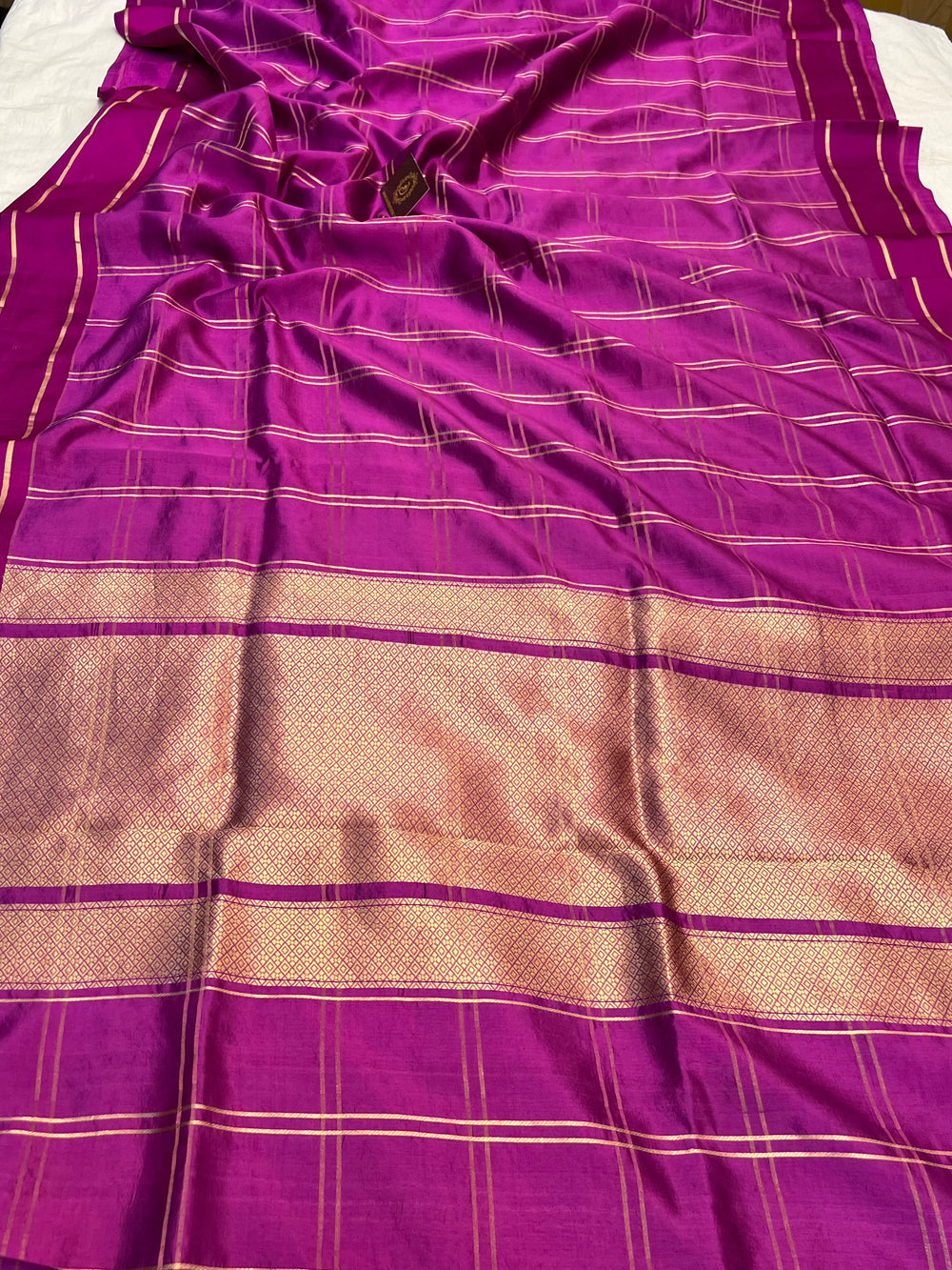 Magenta Banarasi Silk Saree | Zari Checks & Mashru Border