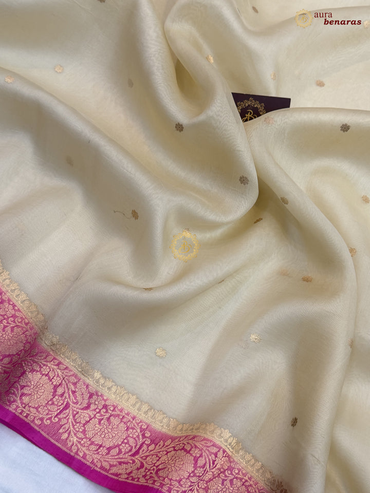 Cream Pure Kora Silk Banarasi Saree with Konia