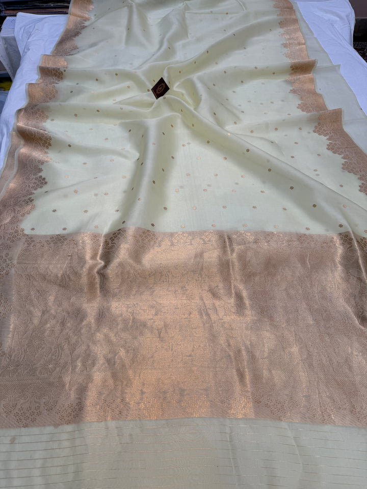 Cream Pure Kora Silk Handloom Banarasi Saree