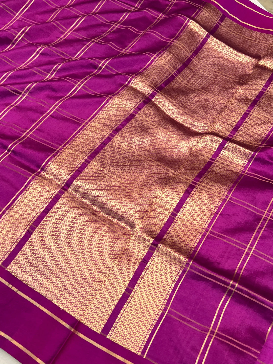 Magenta Banarasi Silk Saree | Zari Checks & Mashru Border