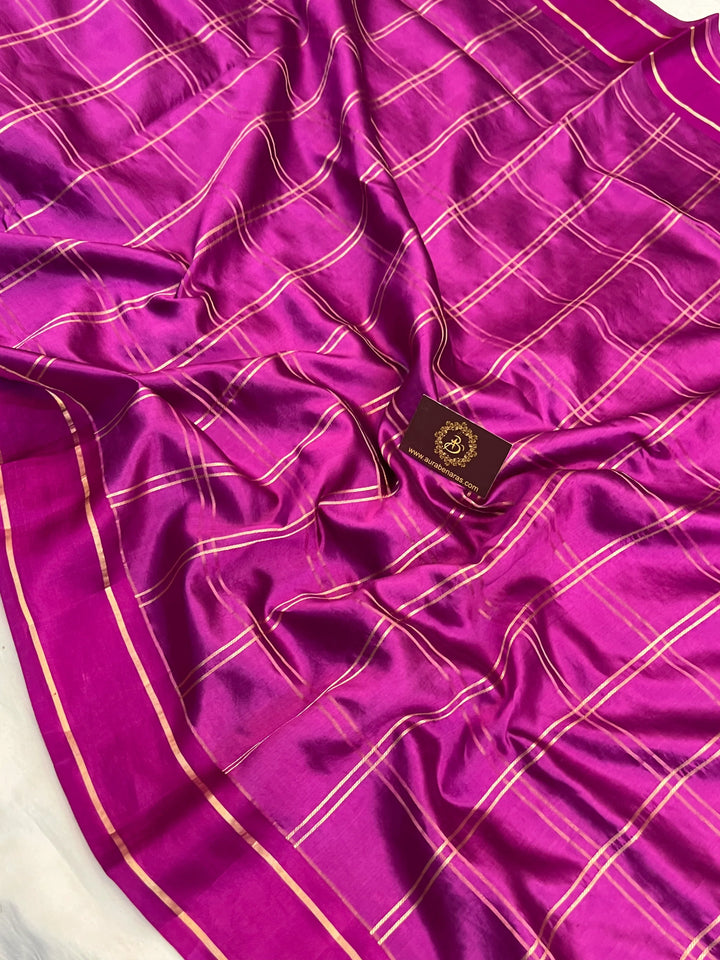 Magenta Banarasi Silk Saree | Zari Checks & Mashru Border