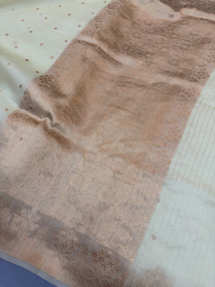 Cream Pure Kora Silk Handloom Banarasi Saree