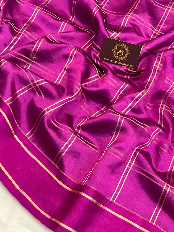Magenta Banarasi Silk Saree | Zari Checks & Mashru Border