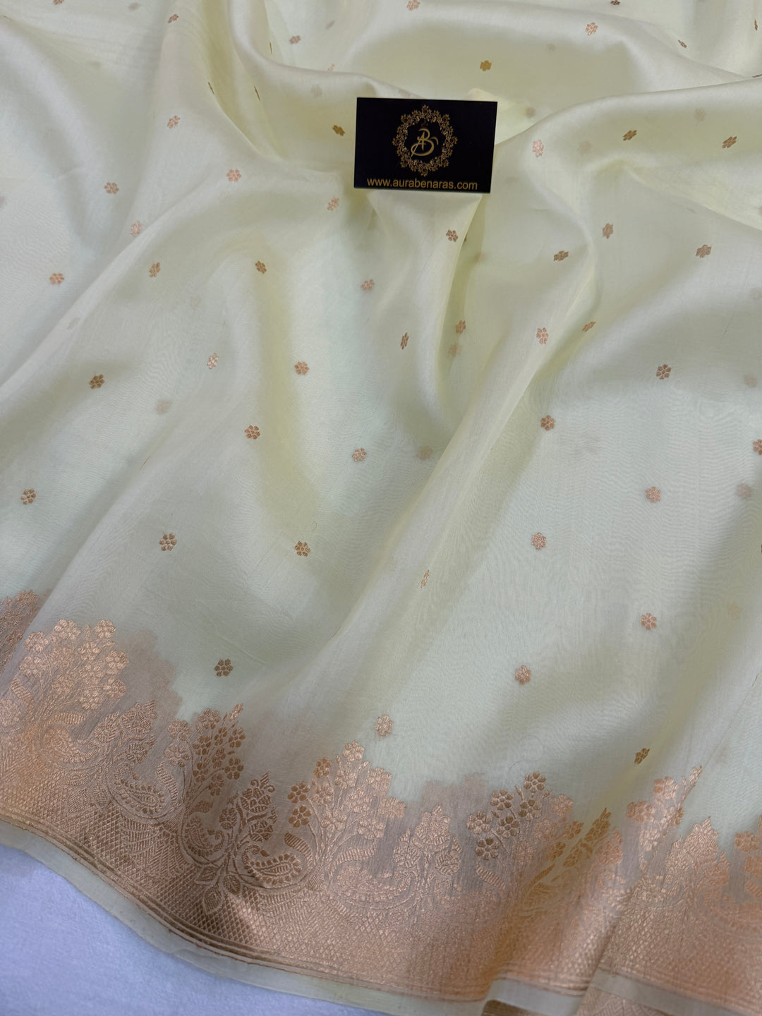 Cream Pure Kora Silk Handloom Banarasi Saree