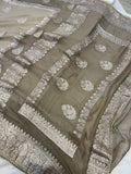 Light Grey Khaddi Chiffon Banarasi Handloom Saree - Aura Benaras