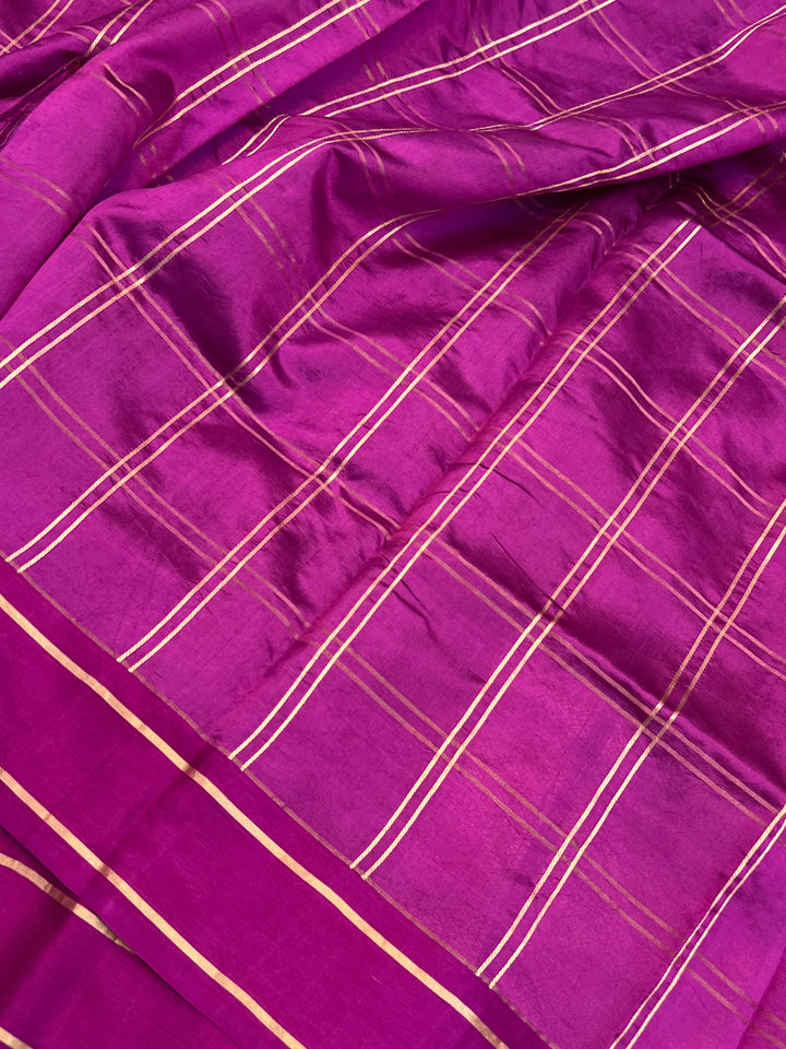Magenta Banarasi Silk Saree | Zari Checks & Mashru Border