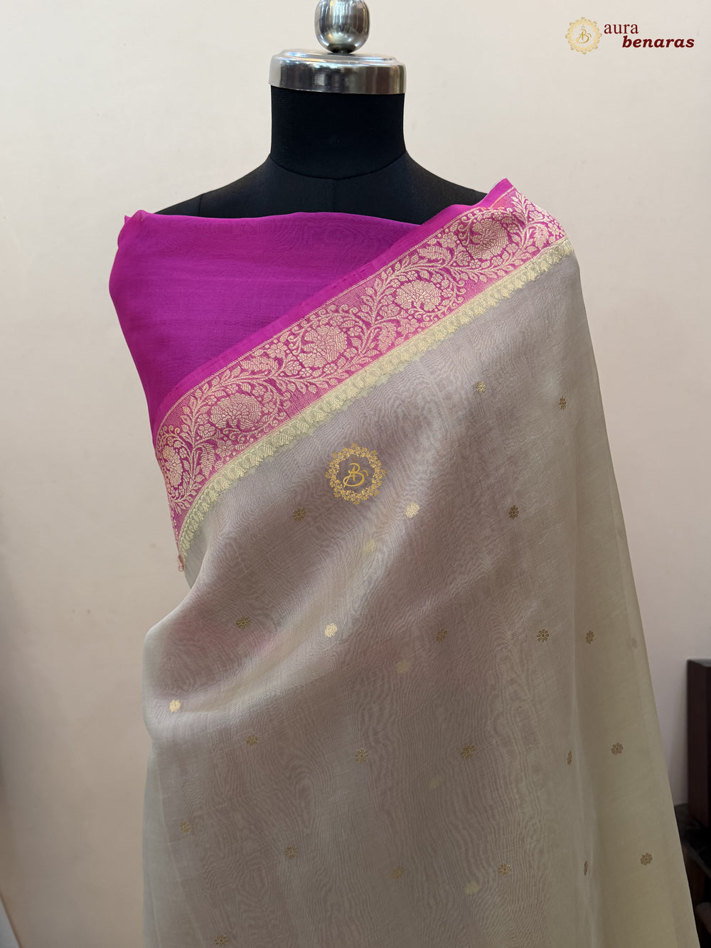 Cream Pure Kora Silk Banarasi Saree with Konia