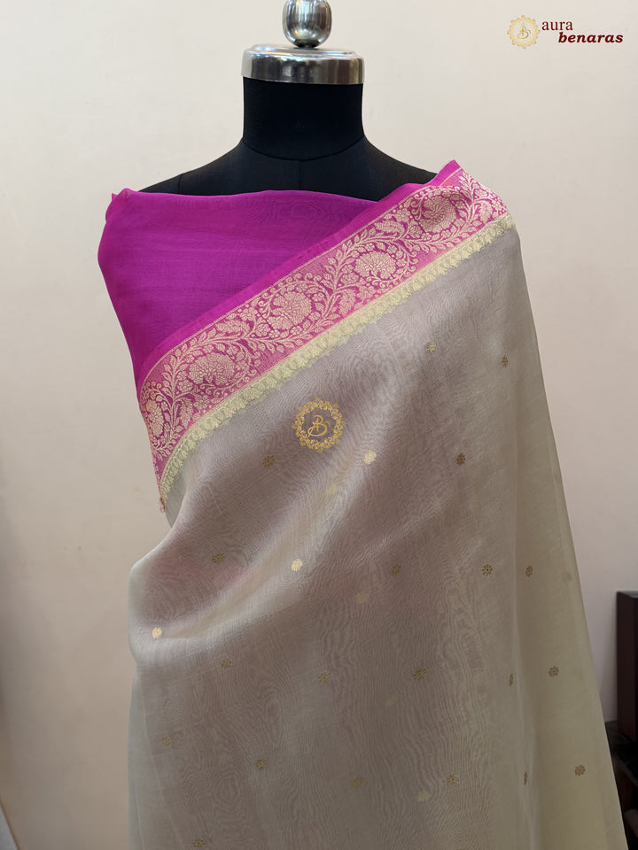 Cream Pure Kora Silk Banarasi Saree with Konia