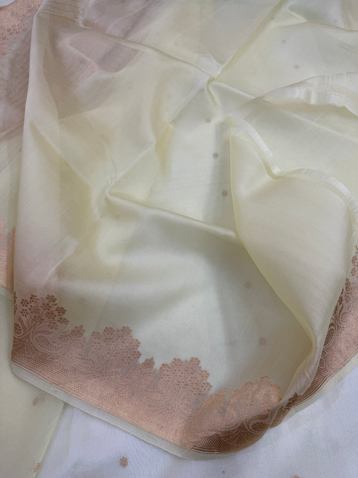 Cream Pure Kora Silk Handloom Banarasi Saree