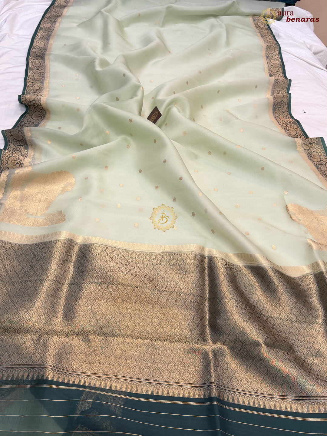 Pista Green Pure Kora Silk Banarasi Saree with Konia